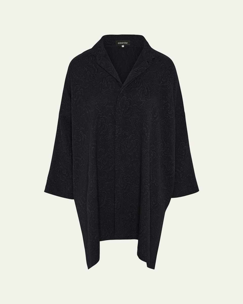 Damask Cloque Wide Longer-Back Double Stand-Collar Shirt With Slits (Very Long Length)